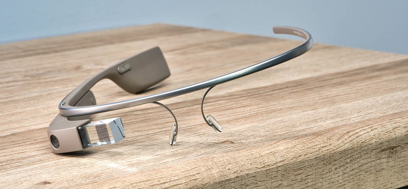 A photo of Google Glasses, the spectacle frame that has a small display.