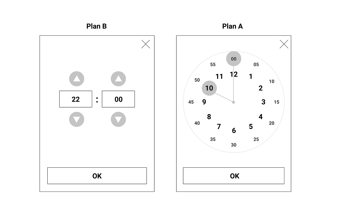 Two wireframe designs, first a simple one with spinner controls to adjust hour and minute, then a complex one with watch hands for hours and minutes.