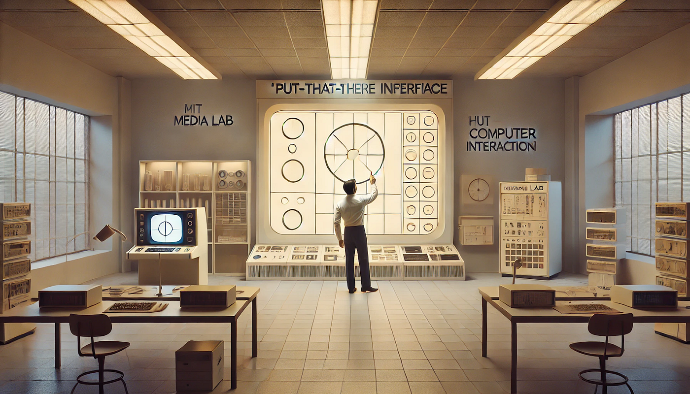 A GenAI created image of a futuristic office, where a man is standing in front of a large display and pointing at a UI of presumably a drawing software app.